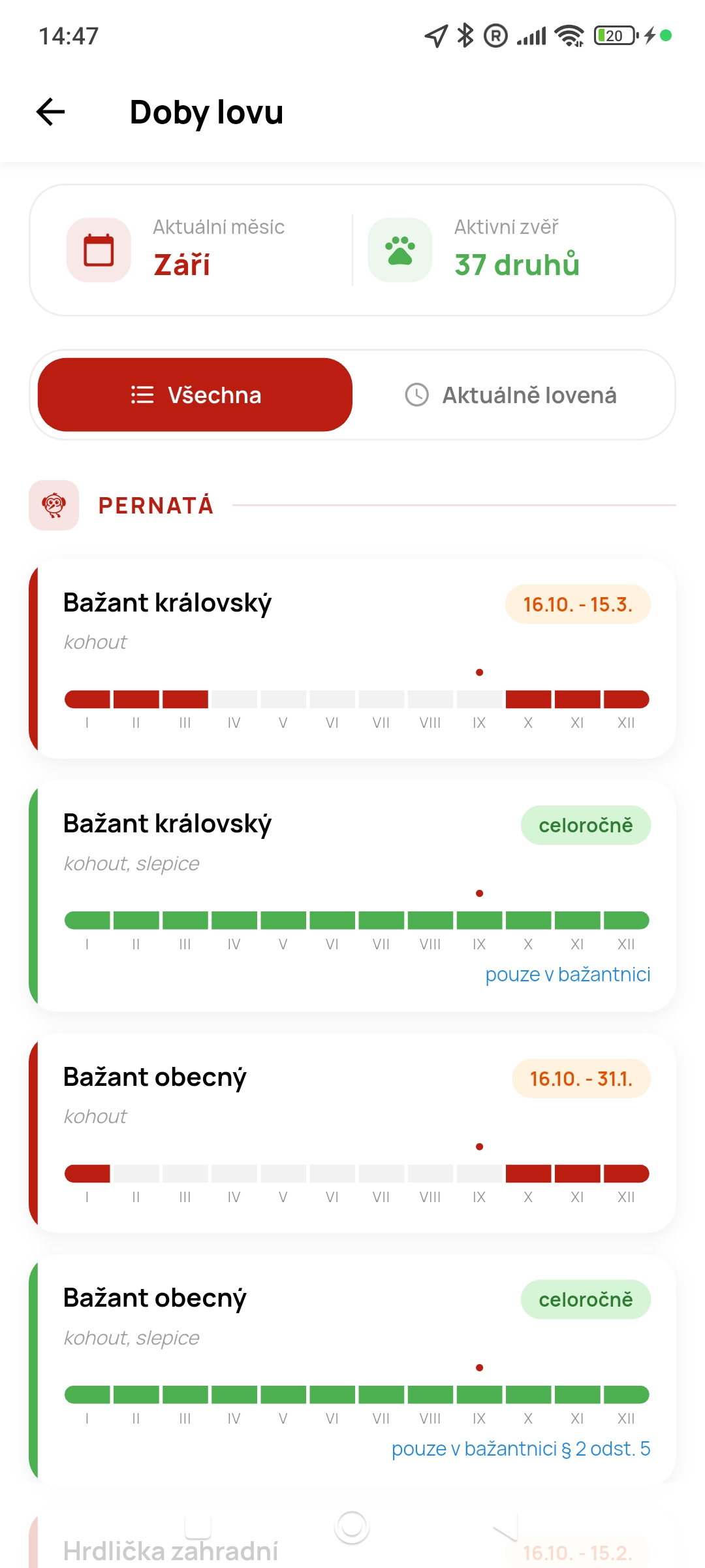 Obrazovka Doby lovu v aplikaci Dogtrace GPS