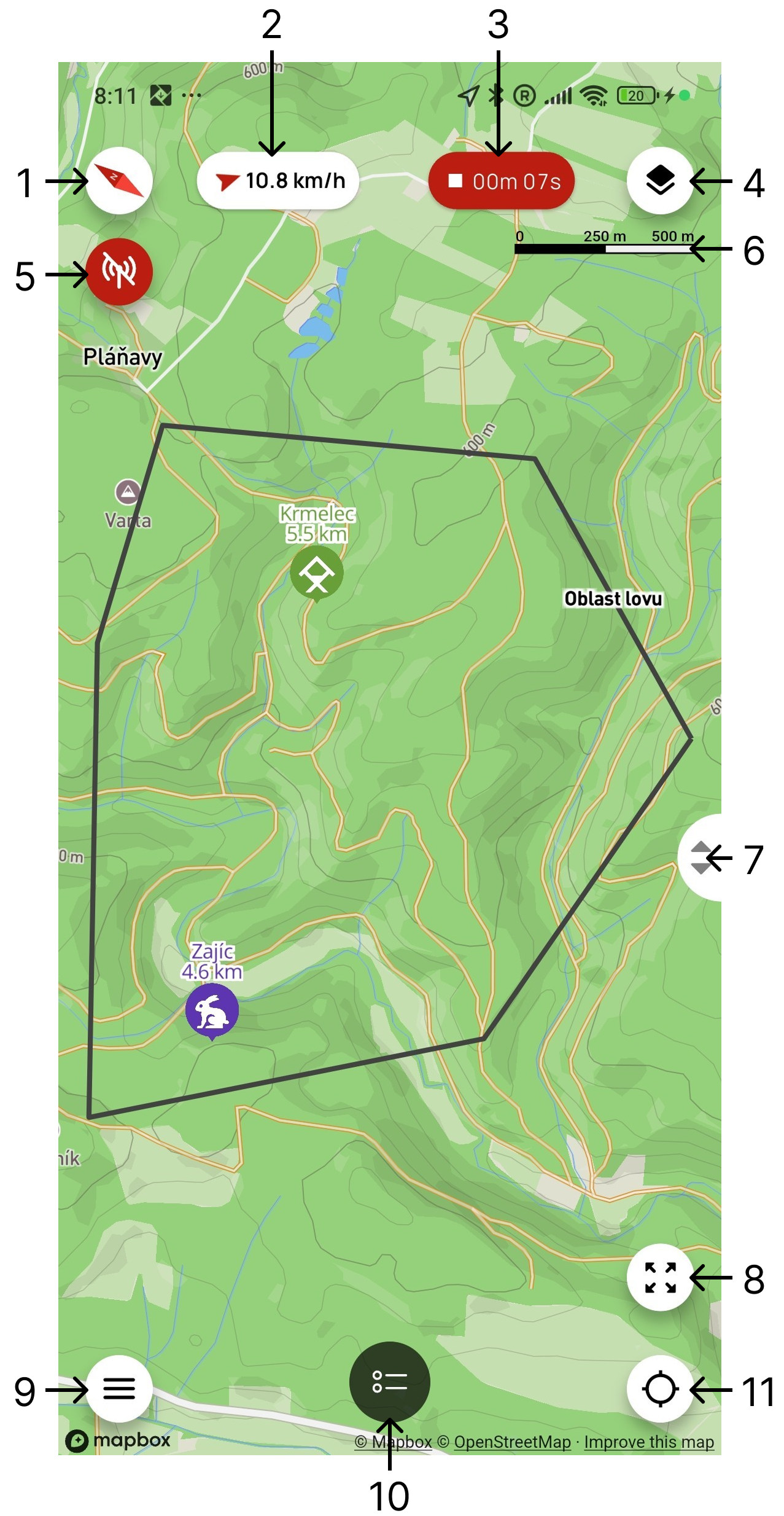 Obrazovka mapy s očíslovanými ovládacími prvky v aplikaci Dogtrace GPS